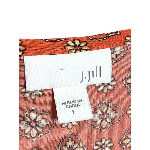 J Jill Floral Button Blouse Orange Top L Hippie Boho Peasant Lagenlook Tassel - Picture 4 of 10